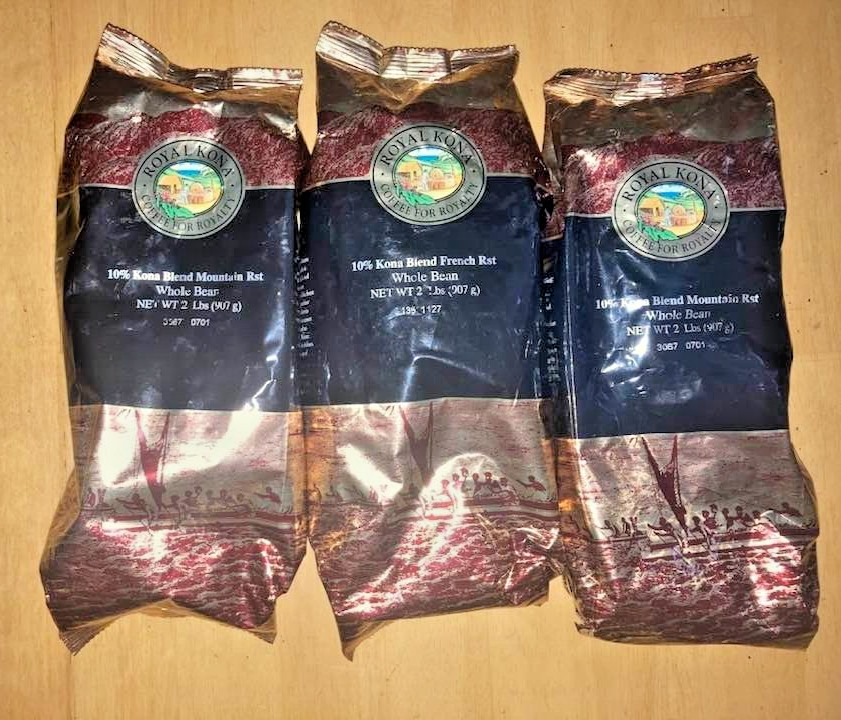 3 bags 10% Royal Kona French Roast Whole Bean 32 oz each = 6 Lbs. Sealed 03/2024