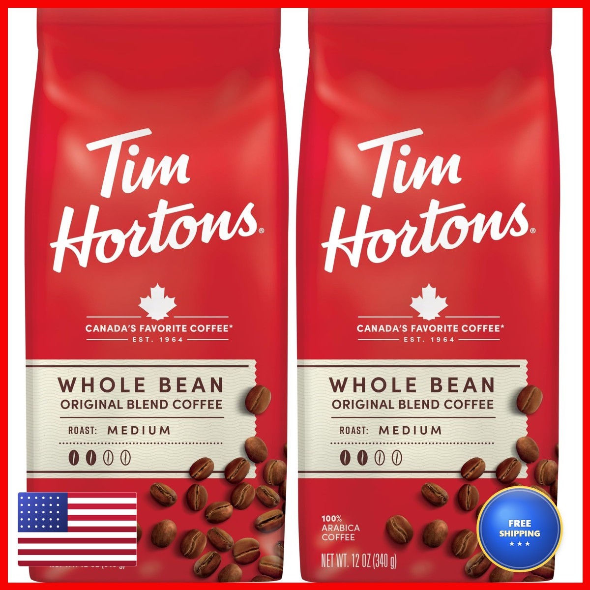 Tim Hortons Medium Roast 100% Arabica Whole Bean Coffee, 12 Ounce, 2-Pack