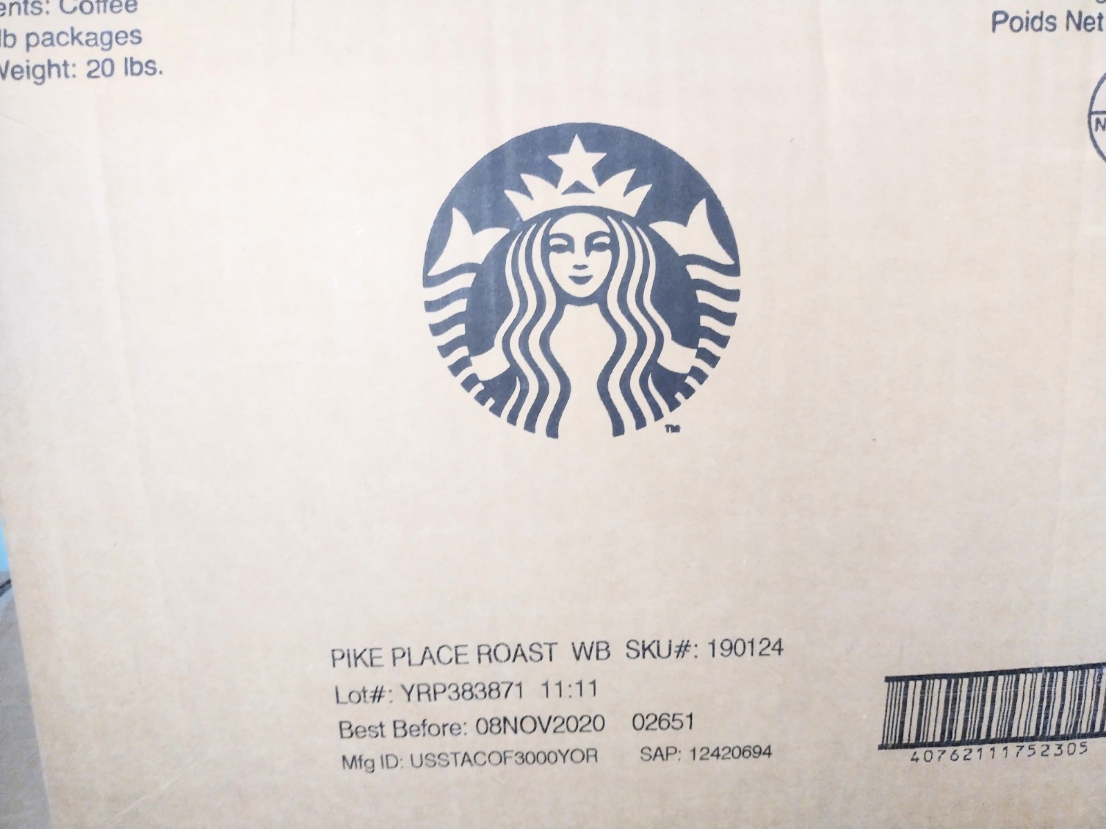 STARBUCKS 5 lb Bag Whole Bean Pike Place Roast