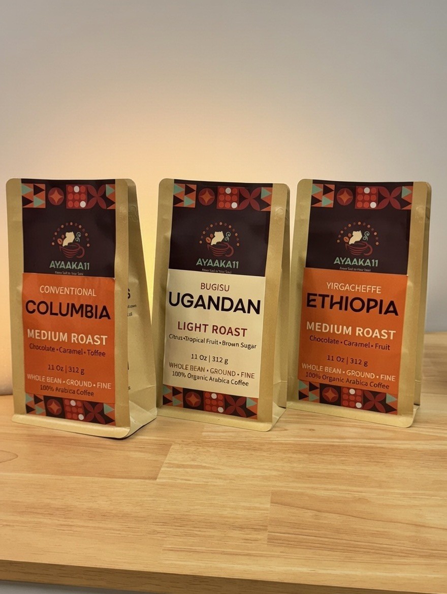 Uganda Light Roast ,Ethiopia and Columbia Medium Roast Organic Whole Bean Coffee